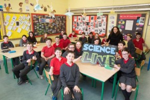 Class at Bayside Senior National School, Sutton, celebrating the launch of Science LIVE